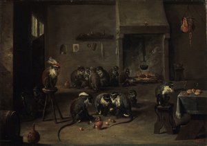 Małpy w kuchni, lata czterdzieste XVII wieku autorstwa David Teniers the Younger
