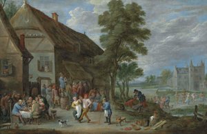 Chłopi tańczący przed karczmą w Perck, za którą widać Kasteel de Drij Toren autorstwa David Teniers the Younger