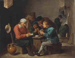 Chłopi grający w karty we wnętrzu autorstwa David Teniers the Younger
