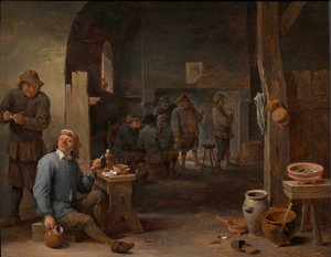 Wnętrze karczmy z chłopami palącymi przy stole i rozmawiającymi przy ognisku autorstwa David Teniers the Younger