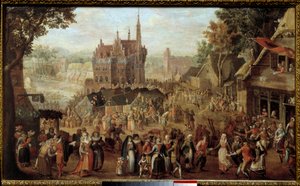 Kermesse w Audenarde (Belgia). Impreza przed wiejskim kościołem. Obraz Davida Vinckboonsa (lub Vinckeboons lub Vinkeboons 1576-1629)