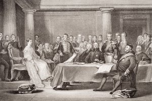 Pierwsza Rada Królowej Wiktorii, Pałac Kensington, 21 czerwca 1837, z „Ilustracji historii angielskiej i szkockiej” Tom II autorstwa David Wilkie