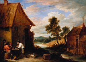 Krajobraz rzeczny z chłopami za karczmą autorstwa David Teniers the Younger