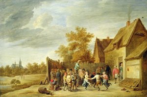 Chłopi tańczą przed karczmą (olej na płótnie) autorstwa David Teniers the Younger