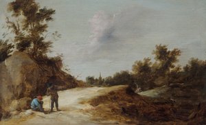 Chłopi odpoczywający na ścieżce w skalistym, zalesionym krajobrazie autorstwa David Teniers the Younger