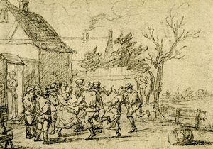 Chłopi tańczą przed domem autorstwa David Teniers the Younger