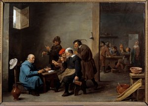 Mężczyzna w białym kapeluszu Grupa mężczyzn palących fajkę w karczmie. Obraz Davida Teniersa II młodego (1610-1690) autorstwa David Teniers the Younger