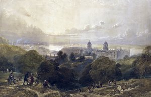 Widok na Greenwich (Anglia), letni wieczór, z wysokości parku, z tyłu panorama Londynu