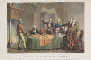 Przyjęcie Wysokiego Panowania przez Triumwirat w imieniu Księcia Orańskiego, 21 listopada 1813 r. Przywróć holenderski rząd do Holandii. (20 listopada 1813) (tytuł na obiekcie)