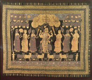 Krishna i jego Gopi (nieprzezroczysta akwarela, złoto i srebro na barwionej bawełnie)
