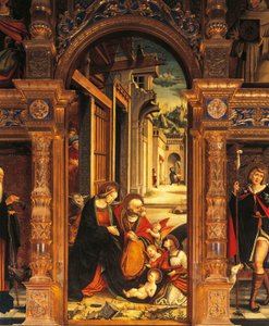 Szopka, fragment ołtarza z XVI wieku, Defendente Ferrari (1480 lub 1485-1540), opactwo św. Antoniego z Ranverso, Buttigliera Alta, Włochy