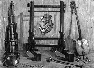 Chińskie instrumenty muzyczne: organy, kamień dźwiękowy i skrzypce.