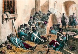 Tyfus w czasie wojen napoleońskich Żołnierze armii francuskiej cierpią na gorączkę spowodowaną chorobą. Grawer Denisa Auguste Raffeta (1804-1860) XIX wiek. Prywatna kolekcja