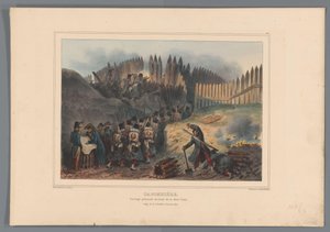 Grupa żołnierzy wędrowała po otwarciu drzwi w de palisade, 1832 r. Kaponier, praca palisadowa przed półksiężycem (tytuł na obiekcie) Rysunki wykonane z życia podczas oblężenia Cytadeli w Antwerpii przez Raffeta (tytuł serii na obiekcie) autorstwa Denis Auguste Marie Raffet