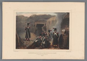 Wojskowy bij een mijngang, 1832 Komunikacja zejścia z rowu (tytuł na obiekcie) Rysunki wykonane z życia podczas oblężenia Cytadeli w Antwerpii przez Raffeta (tytuł serii na obiekcie) autorstwa Denis Auguste Marie Raffet