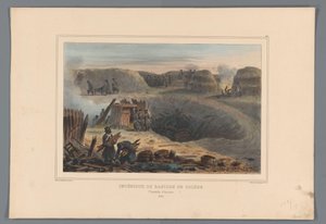 Militairten binnen een bastion, 1832 Wnętrze Bastionu Toledo (tytuł na obiekcie) Rysunki wykonane z życia podczas oblężenia Cytadeli w Antwerpii przez Raffeta (tytuł serii na obiekcie) autorstwa Denis Auguste Marie Raffet