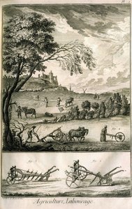 Prace polowe - Rolnictwo, siew, orka. Różne modele walców i pługów: Tabliczka z tomem ilustracji z Encyklopedii Diderota, wydanie oryginalne 1762