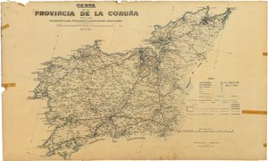 Mapa prowincji A Coruña z drogami państwowymi i wojewódzkimi oraz dotowanymi drogami sąsiedzkimi. Opublikowane za zgodą Ekscelencji. komisja wojewódzka autorstwa Deputación da Coruña