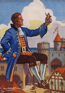 Guliwer i mali ludzie (kolorowa litografia)