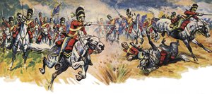"Into Them, Greys!" Szarża Brygady Kawalerii Unii w bitwie pod Waterloo (kolorowa litografia)