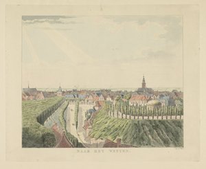 Nijmegen, widok z Belwederu na zachód Na Zachód (tytuł na obiekcie) Zabytki wokół miasta Nijmegen (tytuł serii) Panorama Geldersch lub okrągły widok życia narysowany na belwederze w Nymegen (tytuł serii)