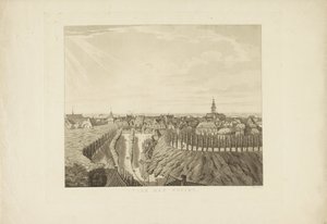Nijmegen, widok z Belwederu na zachód Na Zachód (tytuł na obiekcie) Zabytki wokół miasta Nijmegen (tytuł serii) Panorama Geldersch lub okrągły widok życia narysowany na belwederze w Nymegen (tytuł serii)