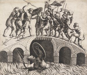 Horatio Coclès ratuje się pływaniem, XVI wiek.