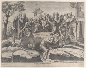 Marek Atilius Regulus w beczce, podczas gdy dwóch mężczyzn wbija gwoździe, różne fi..., 1555-77.