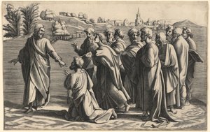 Chrystus czyni świętego Piotra głową Kościoła autorstwa Diana Scultori after Raphael