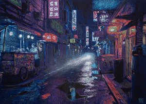 Callejón HK, 2025 (akryl, tusz i ołówek na tkaninie)