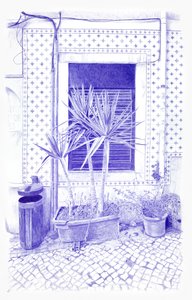 Niebieski narożnik w Lizbonie, 2024 (tusz na płótnie) autorstwa Diego Beyro