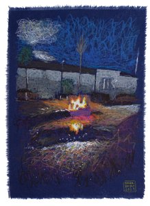 Fogón en madFaber, 2025 (akryl, tusz i ołówek na tkaninie) autorstwa Diego Beyro