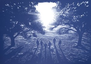 Ja i moi bracia i rodzeństwo w słońce, 2025 (akryl, pióro i ołówek na tkaninie) autorstwa Diego Beyro