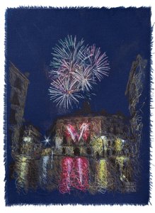 Mundial de pirotecnia en San Sebastian, 2025 (akryl, tusz i ołówek na tkaninie) autorstwa Diego Beyro