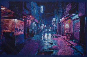 Volviendo albergue en HK, 2025 (akryl, tusz i ołówek na tkaninie)