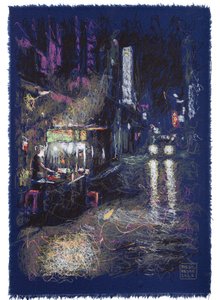 Volviendo albergue en Tailandia, 2025 (akryl, tusz i ołówek na tkaninie) autorstwa Diego Beyro