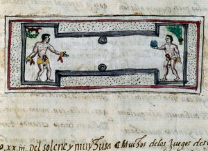 Aztekowie grający w pelotę, miniatura z Historii Indii (Historia de las Indias) Diego Durana (1537-1588), rękopis z 1579