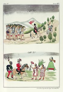 Cap 72 i Cap 73, ilustracje z „Historia de las Indias de Nueva Espana y Islas de tierra firme”, z tablicami autorstwa Jules Desportes, Meksyk, 1867-80 autorstwa Diego Duran