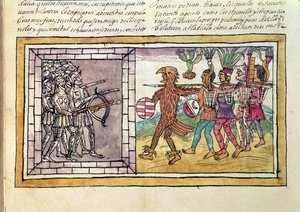 Kodeks Duran: Pedro de Alvarado (ok. 1485-1541) towarzysz broni Hernando Cortesa (1485-1547) oblegany przez azteckich wojowników