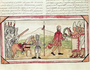 Fol.208v Spotkanie Hernando Cortesa (1485-1547) i Montezumy (1466-1520), miniatura z „Historii Indian” Diego Durana, 1579