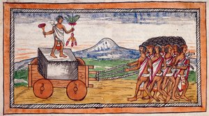 Aztekowie przewożący kamienie do budowy swoich miast, akwarela stretch z Historii Indii Diego Durana (1537-1588), rękopis, folio 188 recto