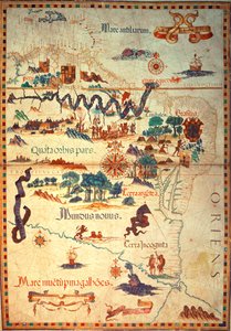 Dodaj Atlas 5415A f.23v-24 autorstwa Diego Homema z Ameryki Południowej, przedstawiający Indian w ich osadach, hiszpański obóz ekspedycyjny i mężczyzn w zbroi, ok. 1558