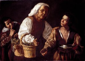 Dwaj Chłopcy i Stara Kobieta Owoców lub Stary Sprzedawca Owoców (Dwóch Chłopców i Stary Sprzedawca Owoców). Obraz Diego Rodrigueza autorstwa Silvy Velazqueza (Velasquez autorstwa Diego Rodriguez de Silva y (attr. to) Velazquez