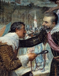 Poddanie Bredy. Pod koniec oblężenia Bredy (podczas wojny trzydziestoletniej): 5 czerwca 1625 r. Justin de Nassau (1559-1631) negocjował pokój z Ambrogio Spinola Doria, markizem de Los Balbases (1569-1630), podczas ceremonii gdzie przekazał k autorstwa Diego Velázquez
