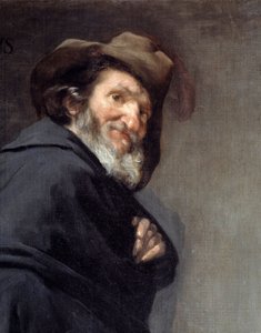 Menippe (Szczegóły). Portret Menippe de Sinope, grecki poeta i filozof szkoły cynicznej, żyjący między IV a III wiekiem p.n.e. Obraz Diego Rodrigueza de Silva y Velasquez (1599-1660) autorstwa Diego Velázquez
