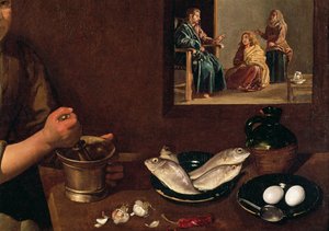 Scena kuchenna z Chrystusem w domu Marty i Marii (szczegół Pokarm na stole z Chrystusem, Martą i Marią w tle, zob. 99423), ok. 1618 autorstwa Diego Velázquez