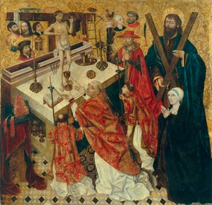 Messe de saint Gregoire - Msza św. Grzegorza Wielkiego - Obraz Diego de la Cruz (aktywny 1482-1500) - przed 1480 - Olej na drewnie - 168x168 - Museu Nacional d