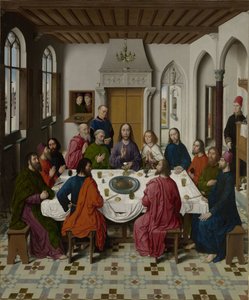 Zbieranie manny i Pascha (rewers po lewej), Ostatnia Wieczerza (środek), Spotkanie Abrahama i Melchizedeka oraz Eliasz obudzony przez anioła (1 Krl 19:5-6) (rewers po prawej). autorstwa Dieric Bouts