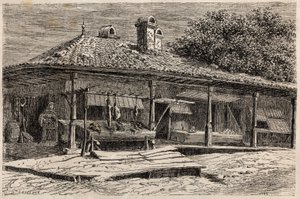 Sklep mięsny i piekarnia w Bukareszcie (Rumunia). Grawer ilustrujący podróż projektanta Lancelota z Paryża do Bukaresztu w 1860 r. w „Le tour du monde, nouveau journal des voyages”, wydanej pod kierunkiem Edouarda Chartona
