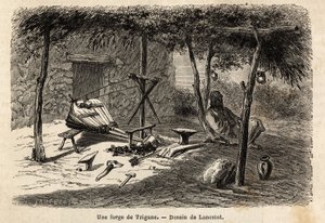 Kuźnia cygańska w regionie Wołoszczyzny w Rumunii. Rycina ilustrująca podróż z Paryża do Bukaresztu, autorstwa Lancelota, rysownika, w 1860 r., opublikowana w „Le tour du monde, nouveau journal des voyages”, pod kierunkiem Edouarda Chartona autorstwa Dieudonne Auguste Lancelot